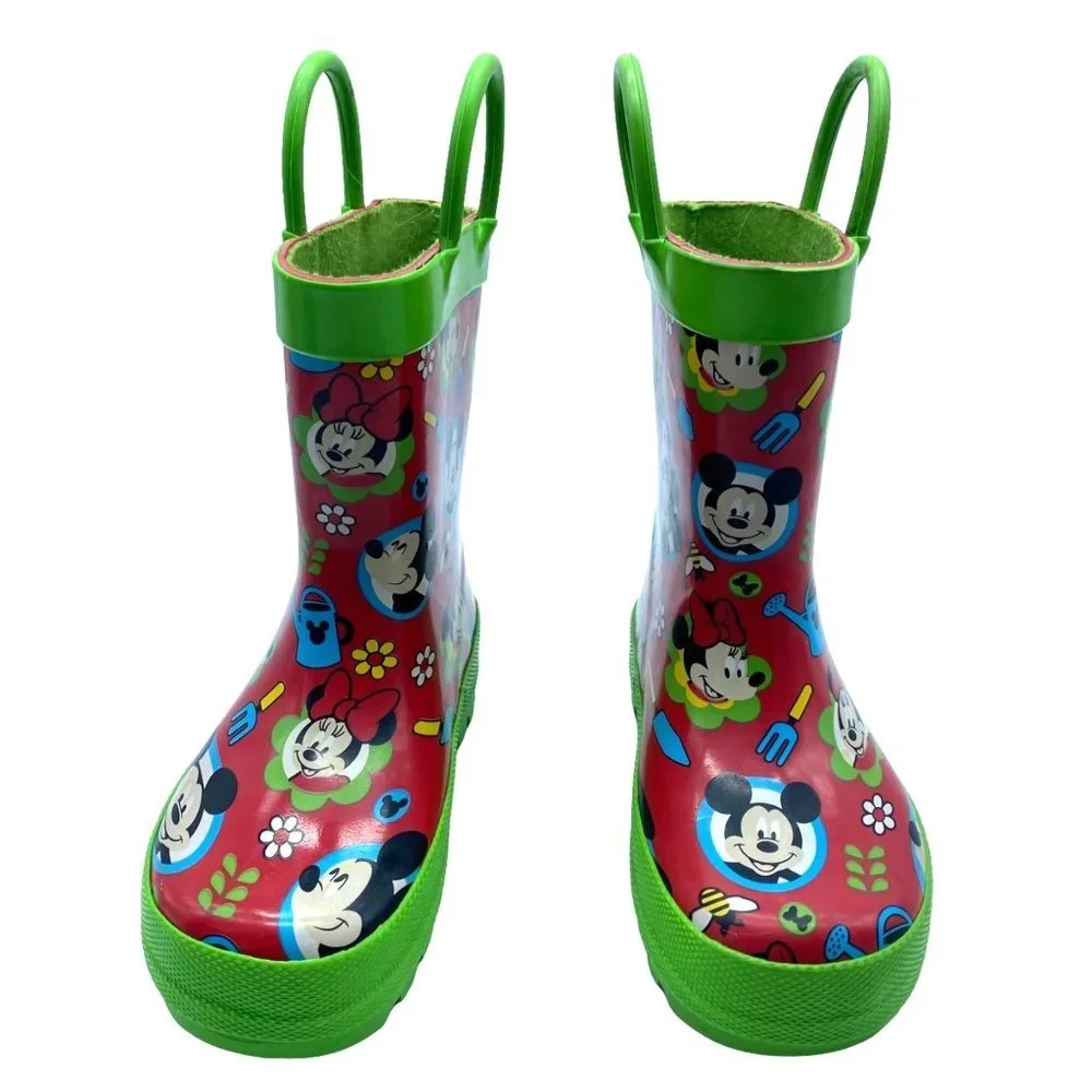 Disney Mickey x Minnie Kid Size 5/6 Red Green Pull On Rubber Rain Garden‎ Boots